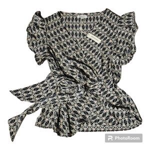 Max Studio Small Polyester V-Neck Tie Around Short Sleeve Blouse